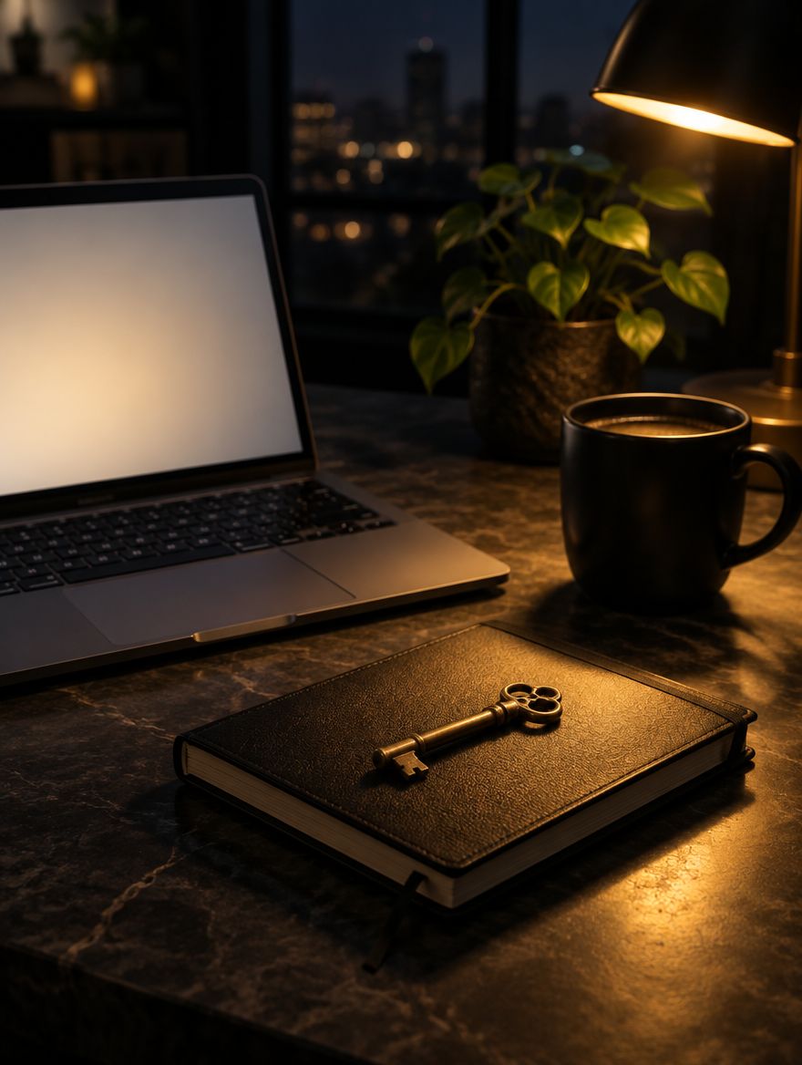 A notebook with a brass key on it beside an open laptop, lit by a desk lamp.
