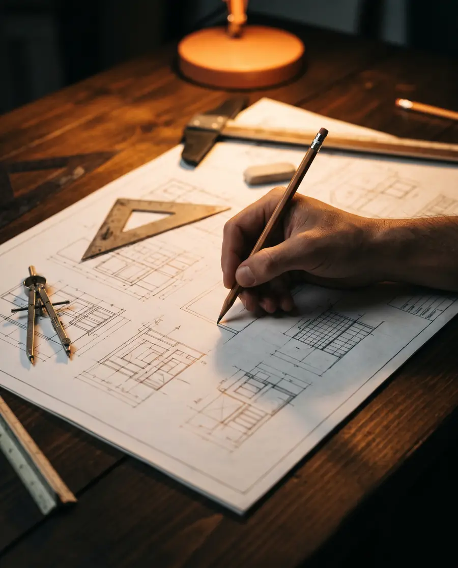 A hand drawing a blueprint by lamplight