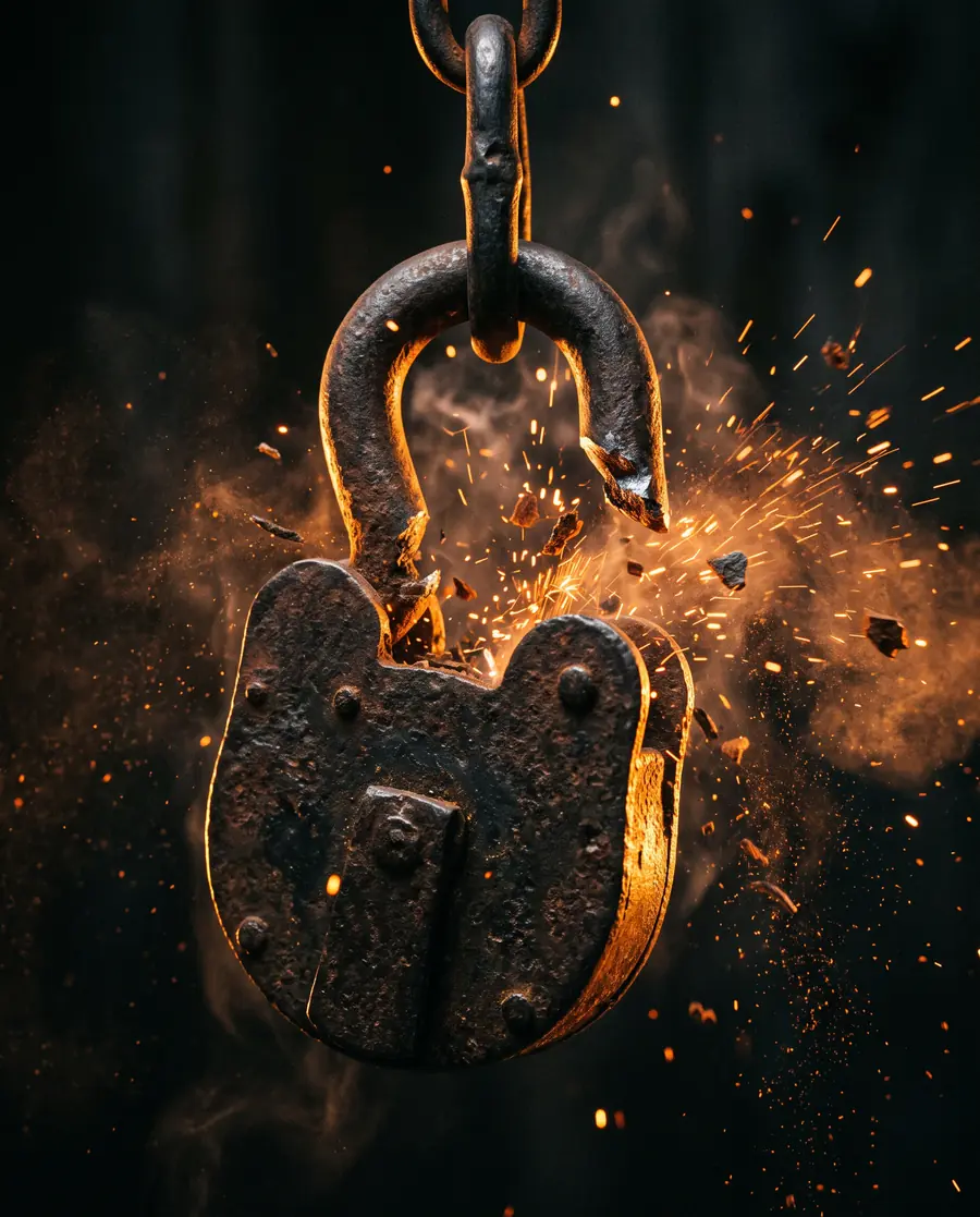 A heavy padlock bursting open