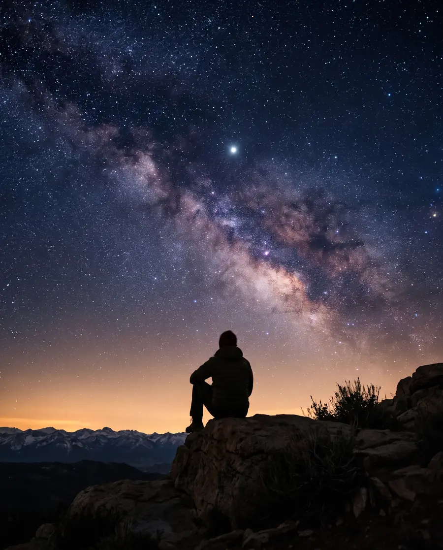 A person on a rock beneath a starry sky