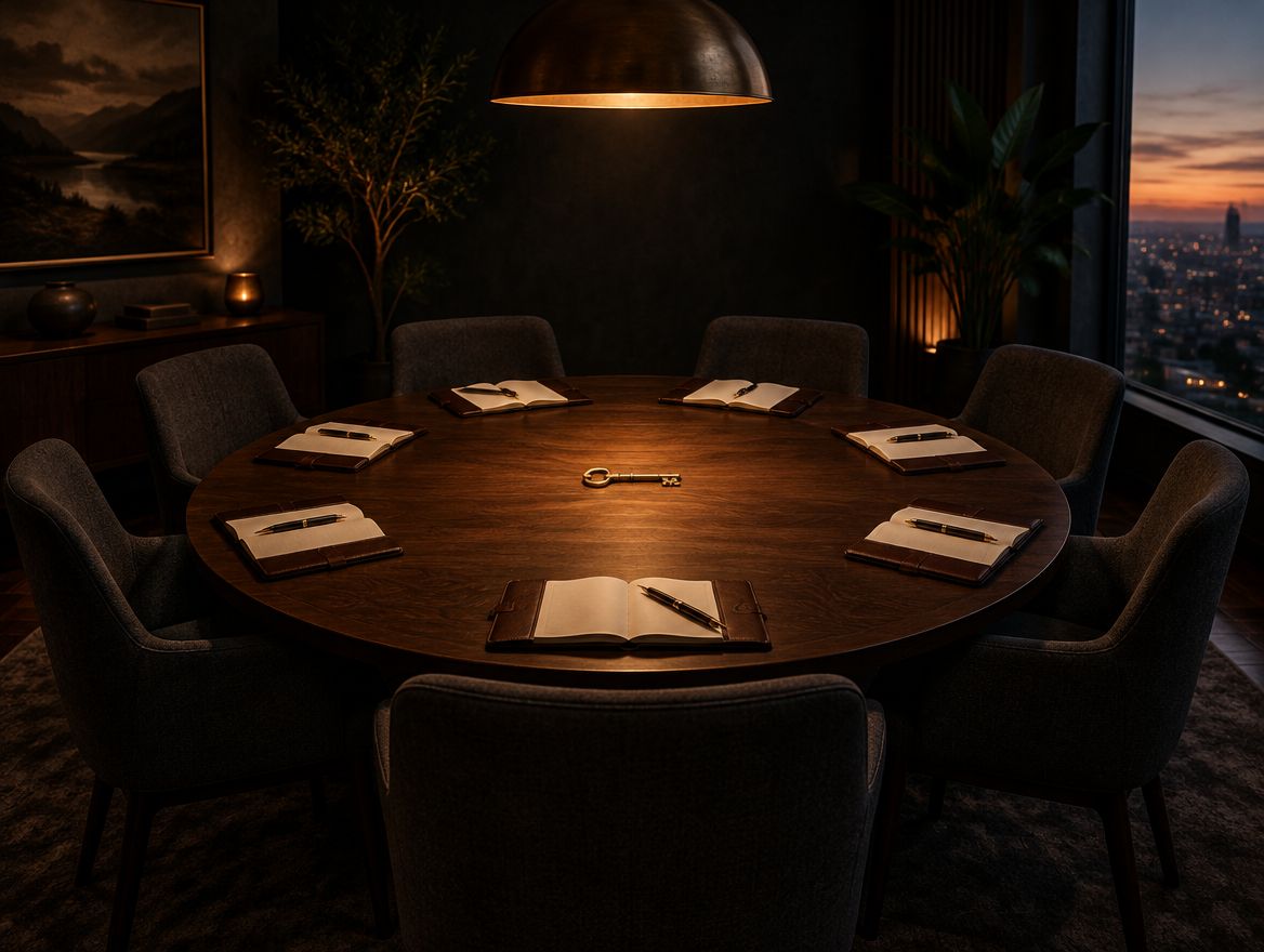 A round table set for a small group, with notebooks at every seat and a brass key in the center.